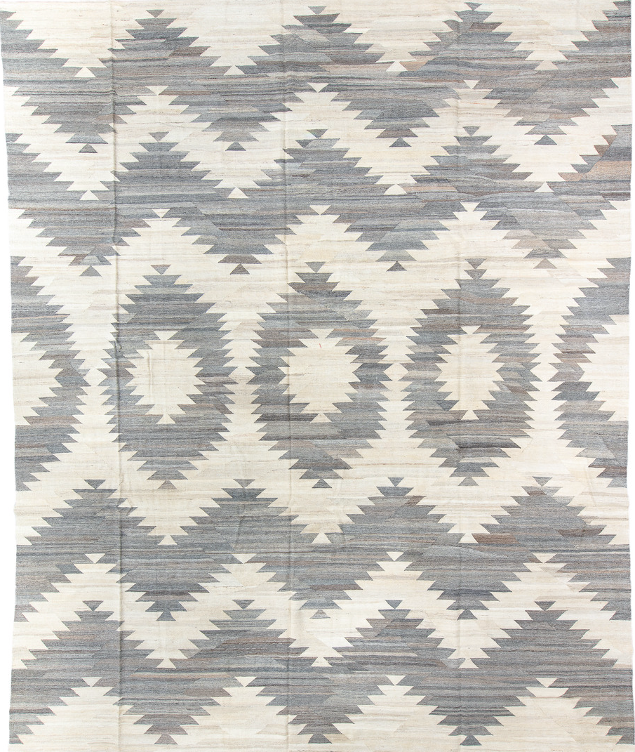 12' x 15' one-of-a-kind handmade vintage Kilim oversize rug. Color palette: antiquewhite, black, charcoal, dark gray