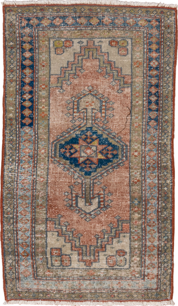 2' x 4' one-of-a-kind handmade vintage Heriz small size rug. Color palette: blue, brown, gray, light gray, pink, red