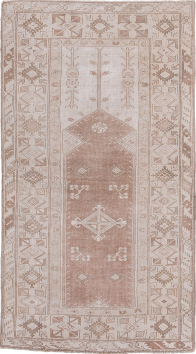 3' x 7' one-of-a-kind handmade vintage Oushak rug. Color palette: gray, light gray, off-white, pink, silver