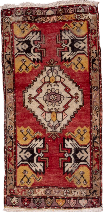 2' x 3' one-of-a-kind handmade vintage Oushak small size rug. Color palette: black, brown, pink, red
