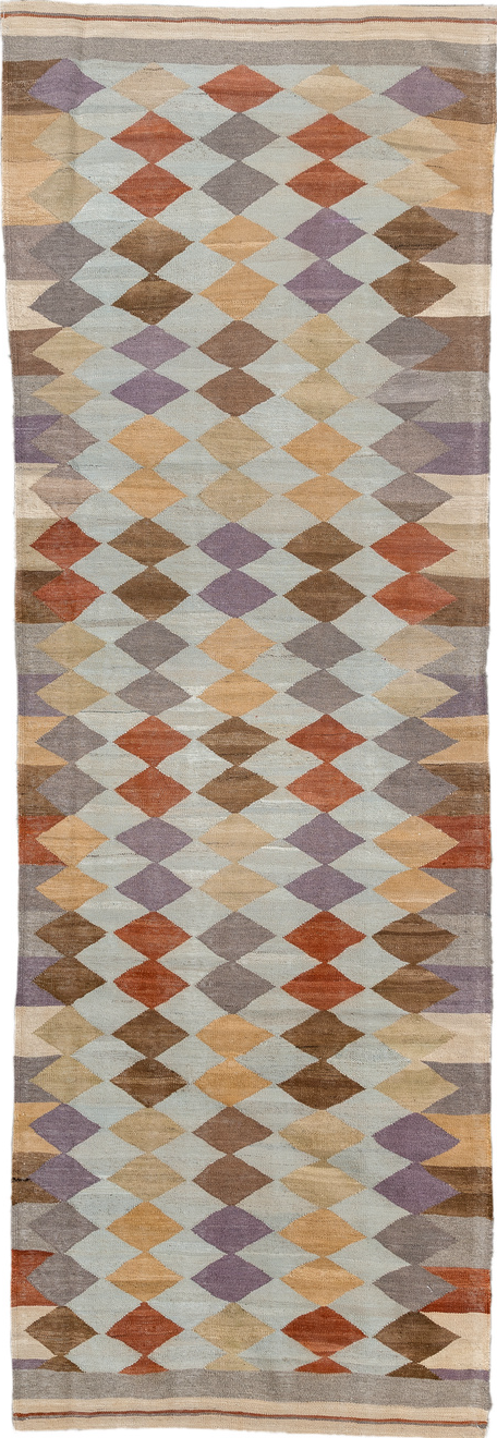 3' x 9' one-of-a-kind handmade vintage Kilim runner rug. Color palette: brown, gray, light gray, off-white, orange, pink