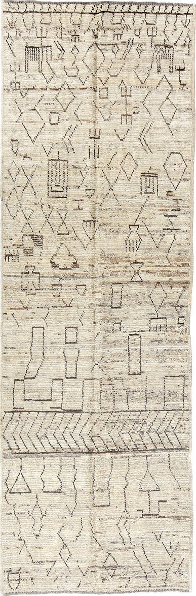 3' x 9' one-of-a-kind handmade vintage Tulu runner rug. Color palette: brown, dark gray, gray, light gray, off-white, silver