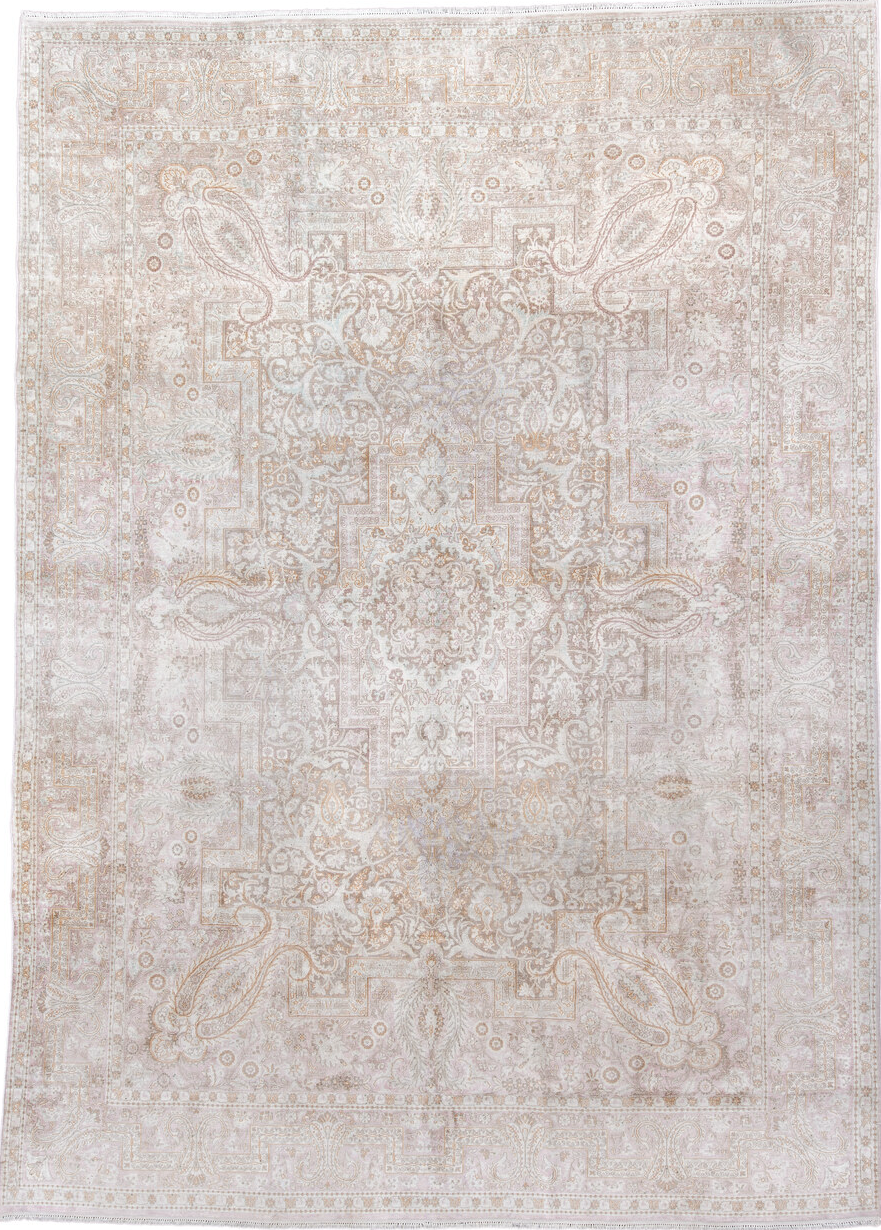 7' x 11' one-of-a-kind handmade vintage Kashmir large size rug. Color palette: antiquewhite, brown, dark gray, gainsboro