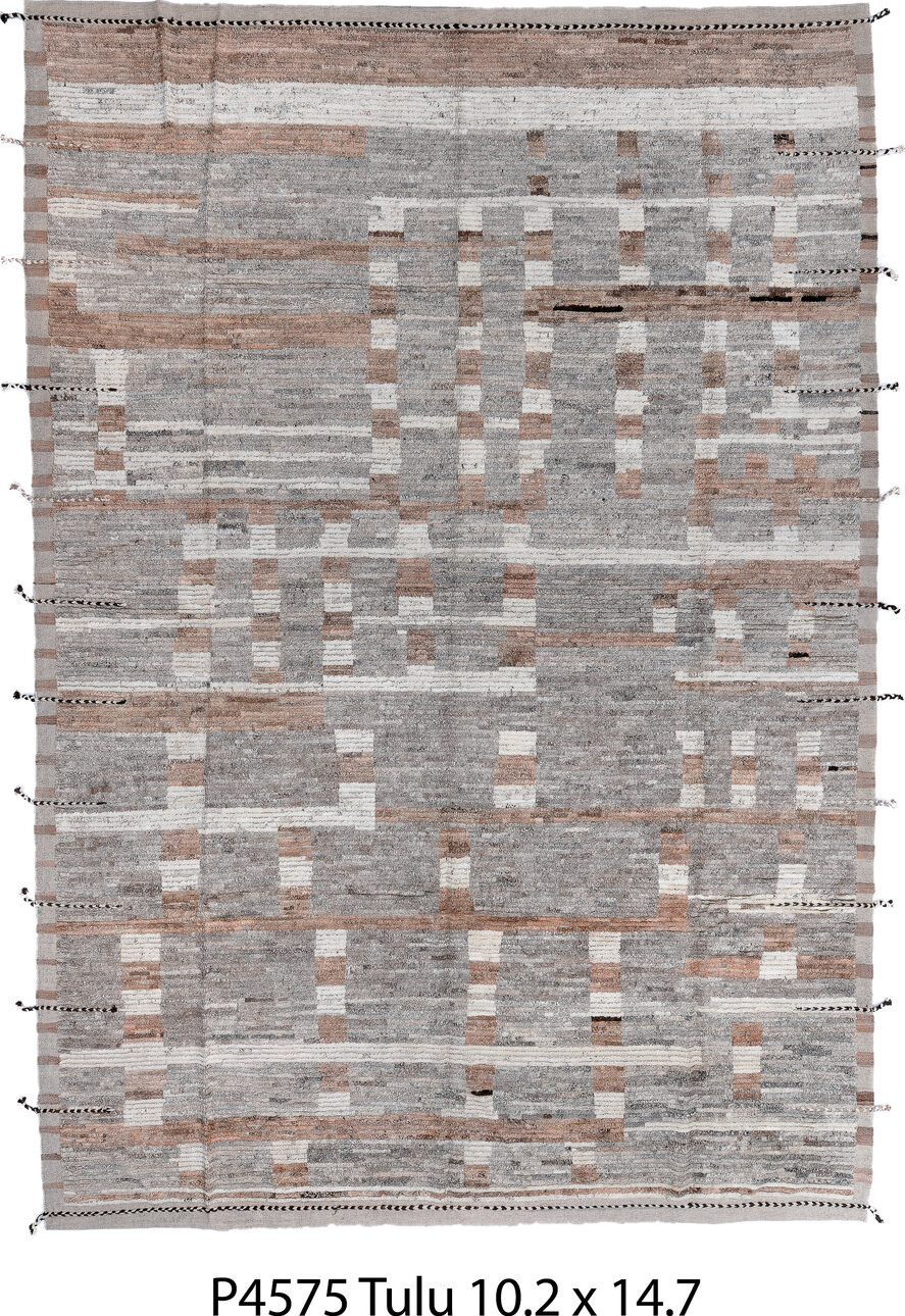 10' x 14' one-of-a-kind handmade vintage Tulu large size rug. Color palette: black, dim gray, gray, light gray, off-white