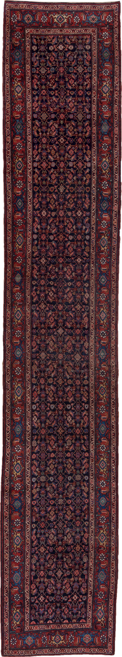 3' x 16' one-of-a-kind handmade vintage Bidjar runner rug. Color palette: blue, brown, gray, off-white, pink, red, redwood
