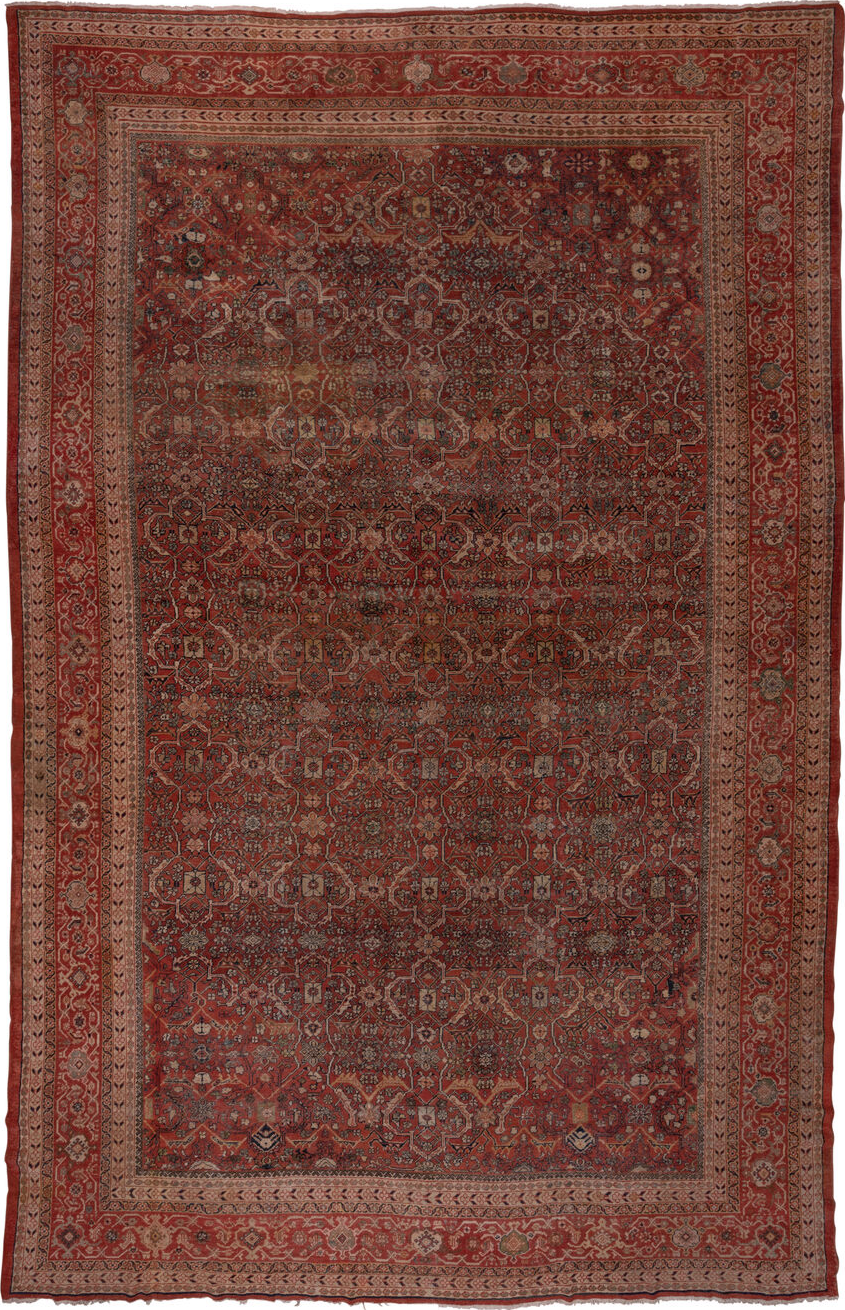 13' x 20' one-of-a-kind handmade vintage Sultanabad oversize rug. Color palette: brown, gray, pink, red