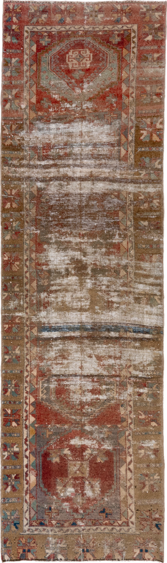 2' x 9' one-of-a-kind handmade vintage Oushak runner rug. Color palette: brown, dim gray, gray, light gray, off-white, pink