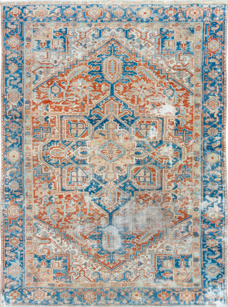 7' x 10' one-of-a-kind handmade vintage Heriz large size rug. Color palette: blue, brown, dim gray, gray, light blue