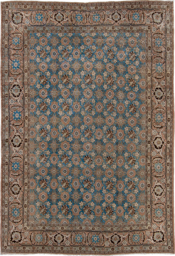 7' x 10' one-of-a-kind handmade vintage Sivas large size rug. Color palette: black, blue, brown, charcoal, gray, light gray