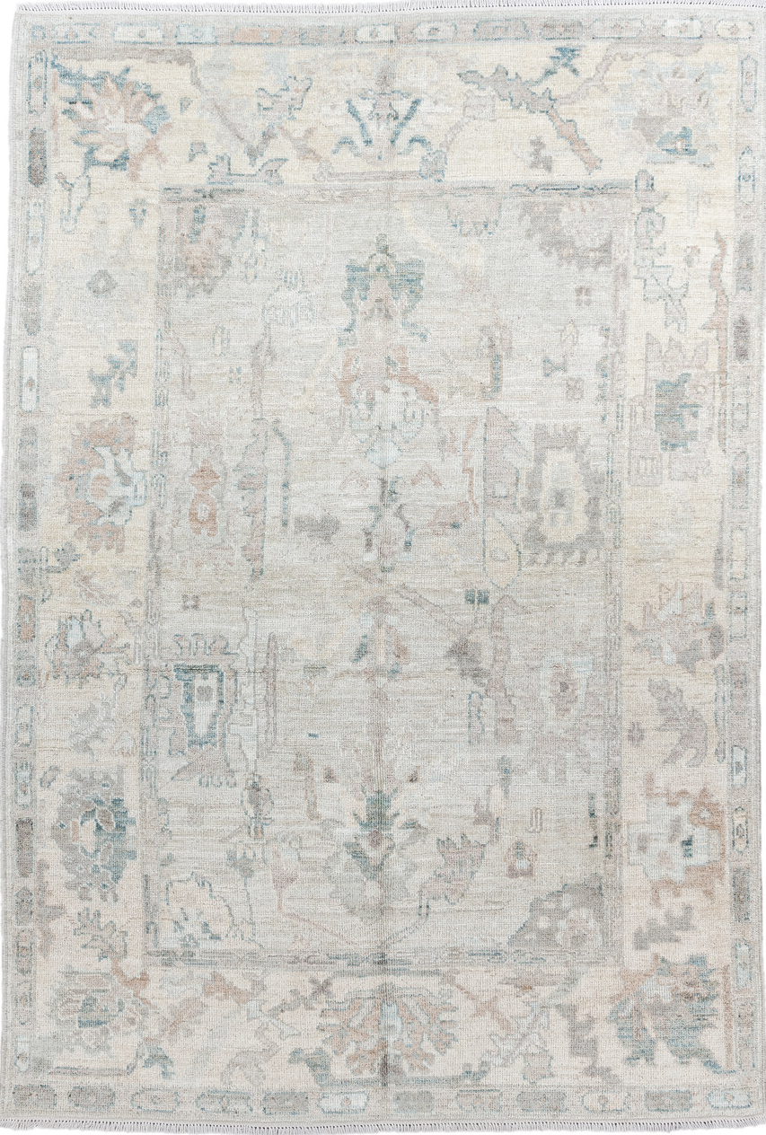 5' x 8' one-of-a-kind handmade vintage Oushak medium size rug. Color palette: off-white, gray, light gray, gainsboro