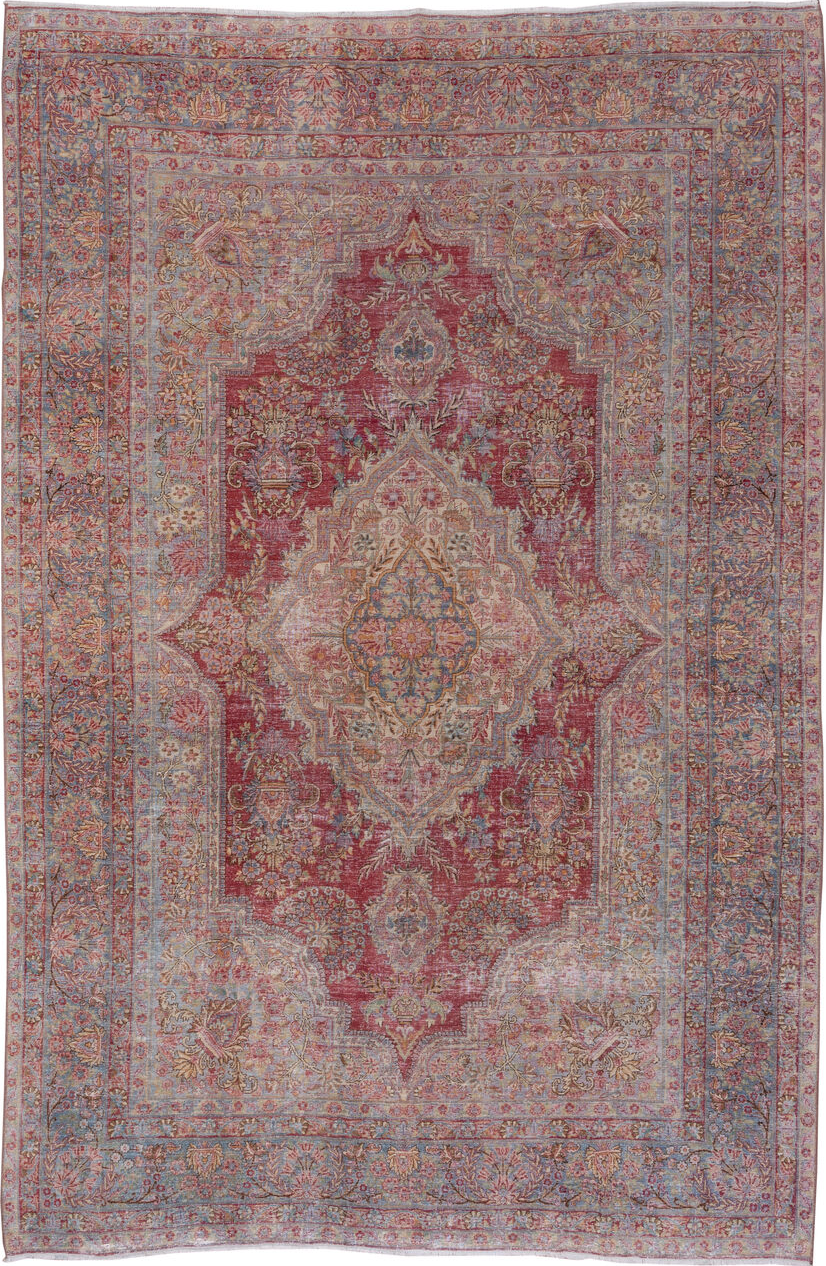 8' x 12' one-of-a-kind handmade vintage Kerman large size rug. Color palette: blue, brown, gray, light gray, pink, red