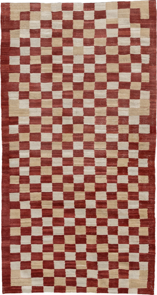 3' x 6' one-of-a-kind handmade vintage Kilim small size rug. Color palette: pink, red, brown, off-white, gray, orange