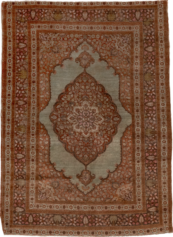 4' x 5' one-of-a-kind handmade vintage Tabriz small size rug. Color palette: brown, gray, off-white, pink, snow, white