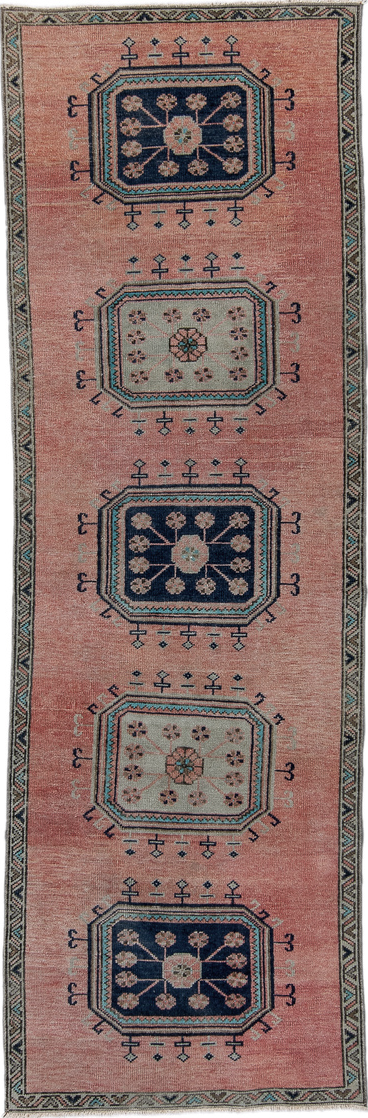 3' x 9' one-of-a-kind handmade vintage Oushak runner rug. Color palette: brown, gray, light gray, off-white, pink, redwood