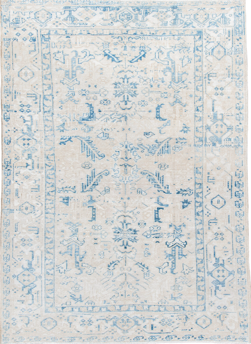 5' x 8' one-of-a-kind handmade vintage Heriz medium size rug. Color palette: blue, dark gray, gainsboro, gray, light blue