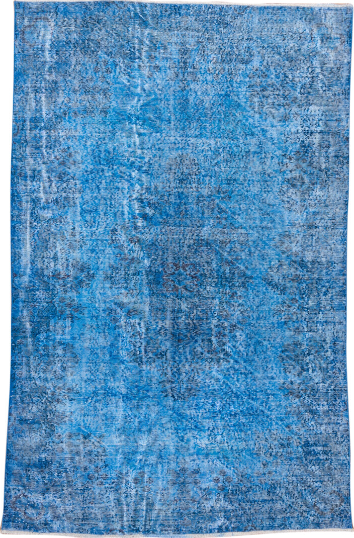 5' x 8' one-of-a-kind handmade vintage Overdyed medium size rug. Color palette: blue, gray, light blue, light steel blue