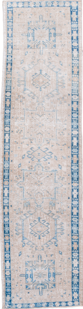 2' x 10' one-of-a-kind handmade vintage Karaje runner rug. Color palette: blue, gainsboro, gray, light blue, light gray