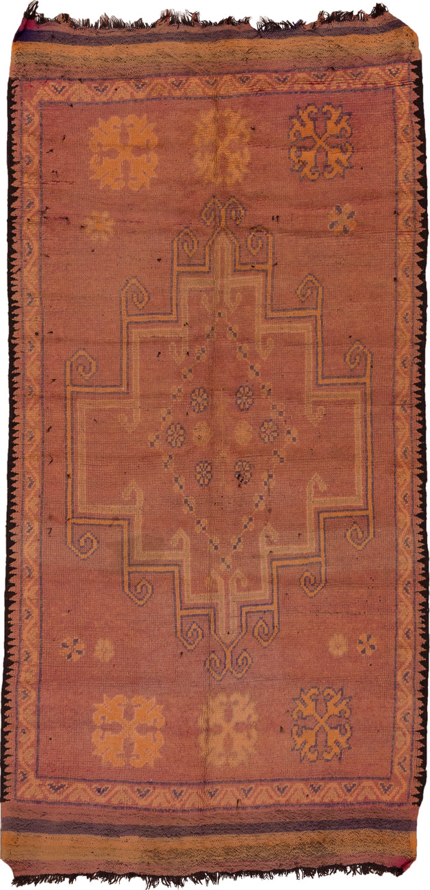 5' x 10' one-of-a-kind handmade vintage Moroccan medium size rug. Color palette: brown, gray, light gray, off-white, pink