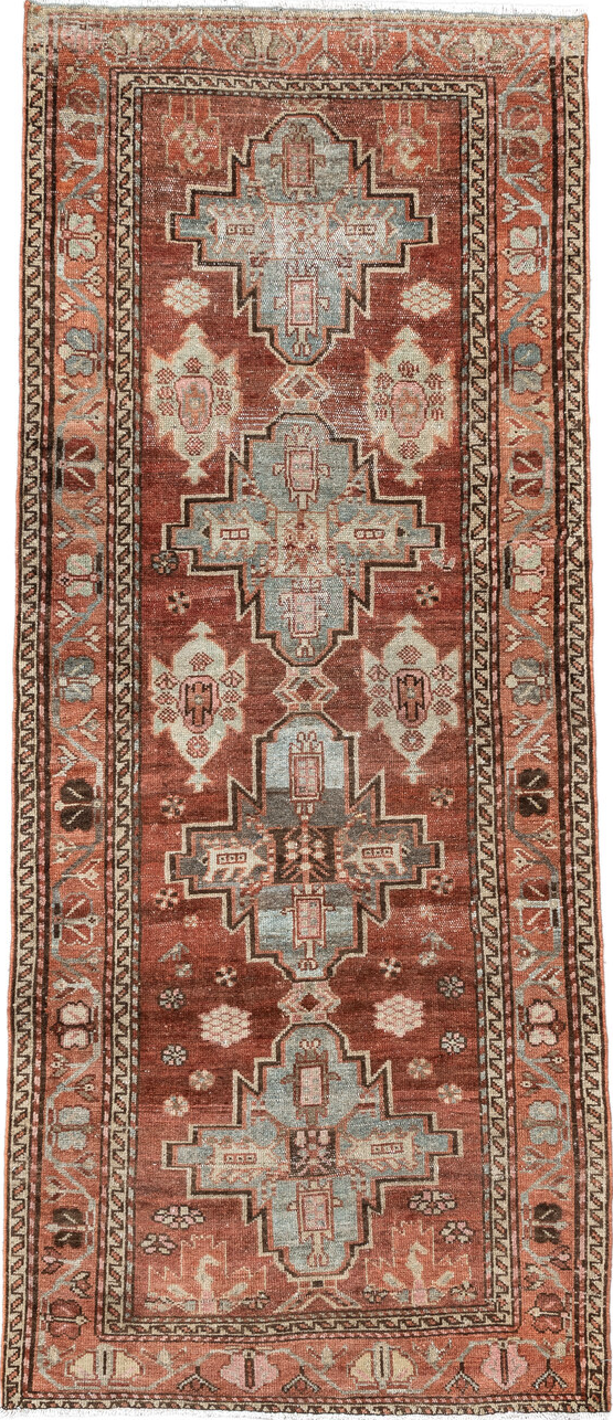 3' x 7' one-of-a-kind handmade vintage Hamadan runner rug. Color palette: orange, off-white, gray, brown, light gray, pink