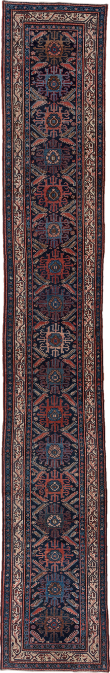 2' x 16' one-of-a-kind handmade vintage Malayer runner rug. Color palette: blue, brown, gray, off-white, pink, red, redwood