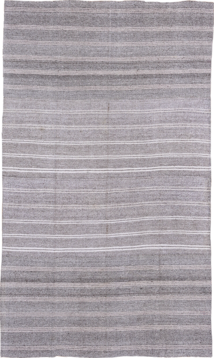 7' x 13' one-of-a-kind handmade vintage Flatweave large size rug. Color palette: blue, dark gray, gainsboro, gray