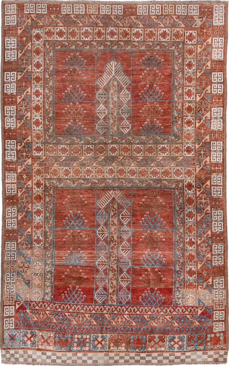 4' x 7' one-of-a-kind handmade vintage Afghan rug. Color palette: blue, brown, dark gray, dim gray, gray, light gray