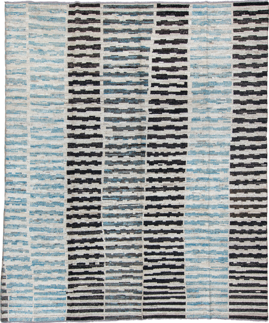 9' x 11' one-of-a-kind handmade vintage Tulu large size rug. Color palette: gray, light gray, blue, black, off-white