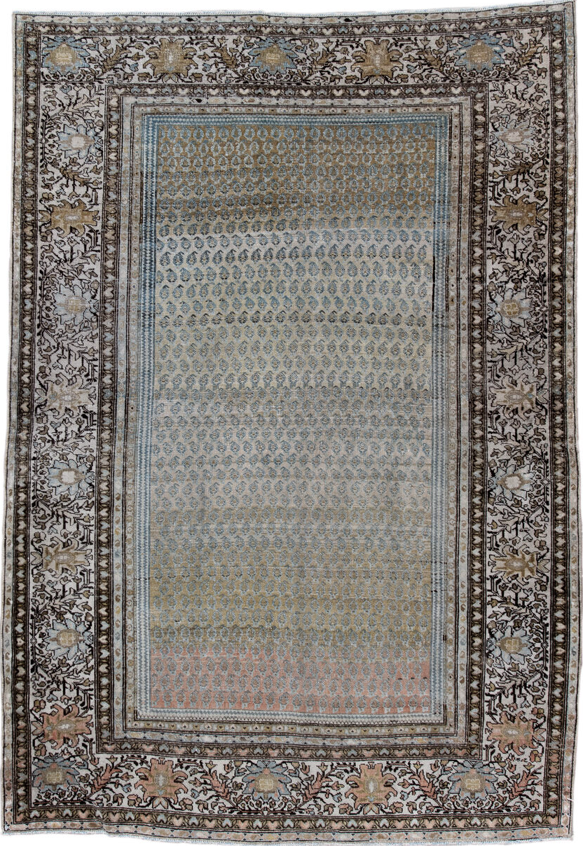 4' x 6' one-of-a-kind handmade vintage Tabriz small size rug. Color palette: black, gray, light gray, off-white, blue
