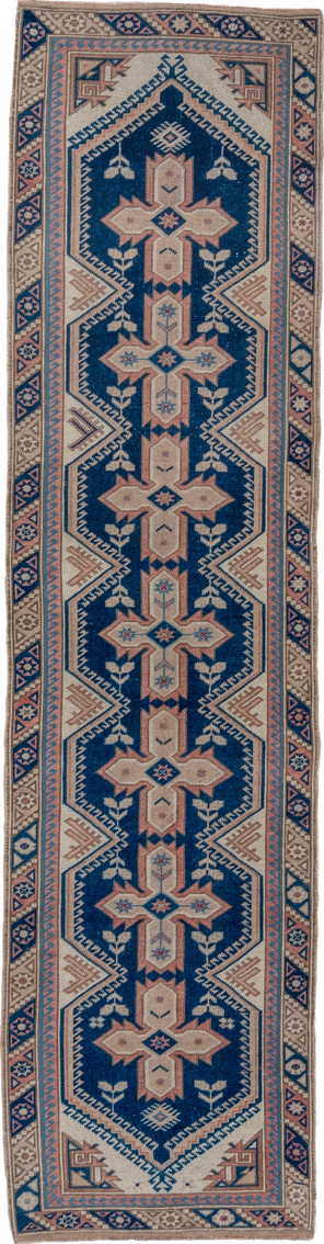 2' x 9' one-of-a-kind handmade vintage Oushak runner rug. Color palette: blue, gray, light gray, pink, slate gray