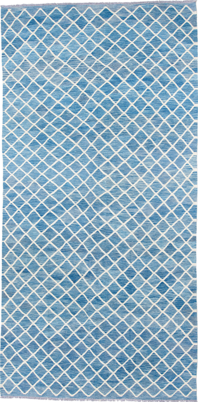 8' x 16' one-of-a-kind handmade vintage Kilim rug. Color palette: alice blue, blue, ghost white, gray, light blue