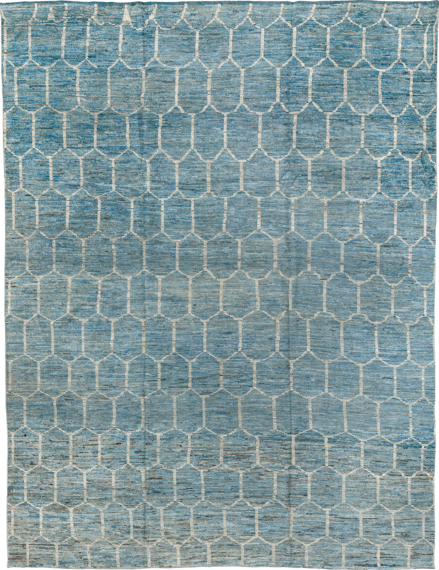 10' x 13' one-of-a-kind handmade vintage Tulu large size rug. Color palette: blue, brown, dim gray, gainsboro, gray