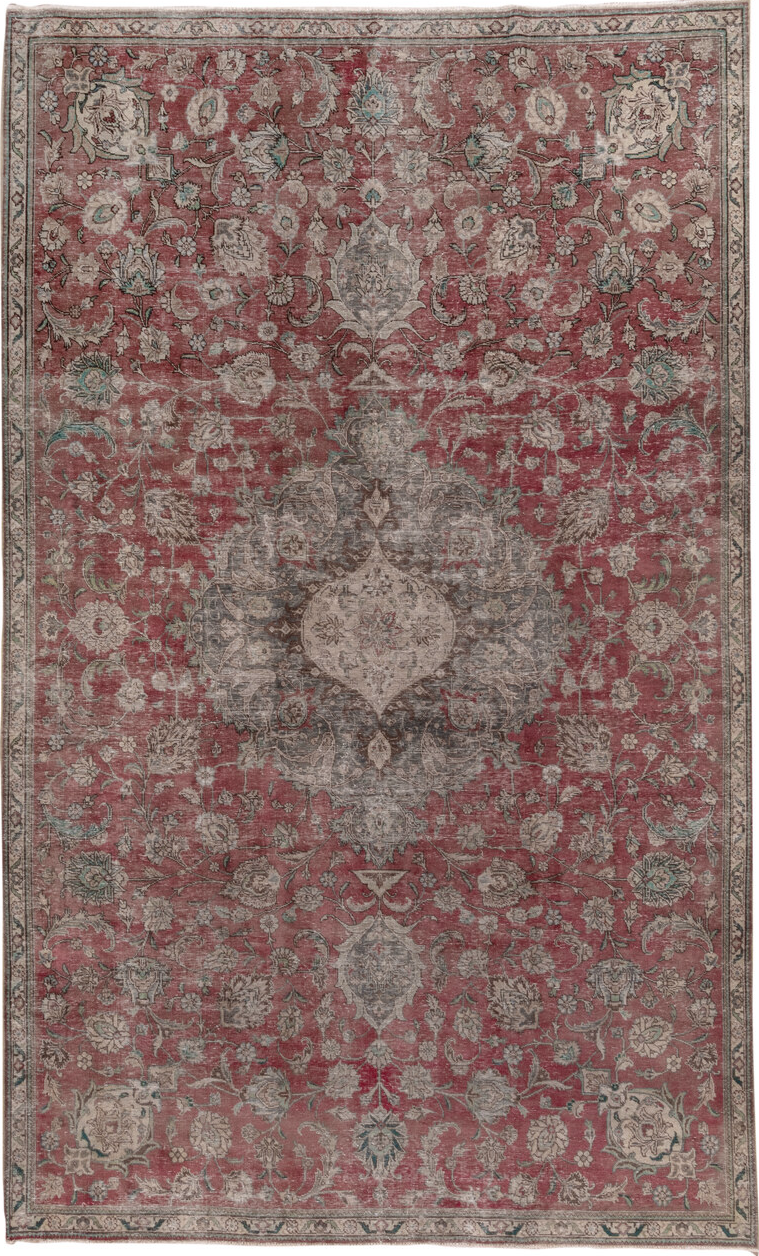 7' x 13' one-of-a-kind handmade vintage Distressed large size rug. Color palette: brown, gray, light gray, pink, red