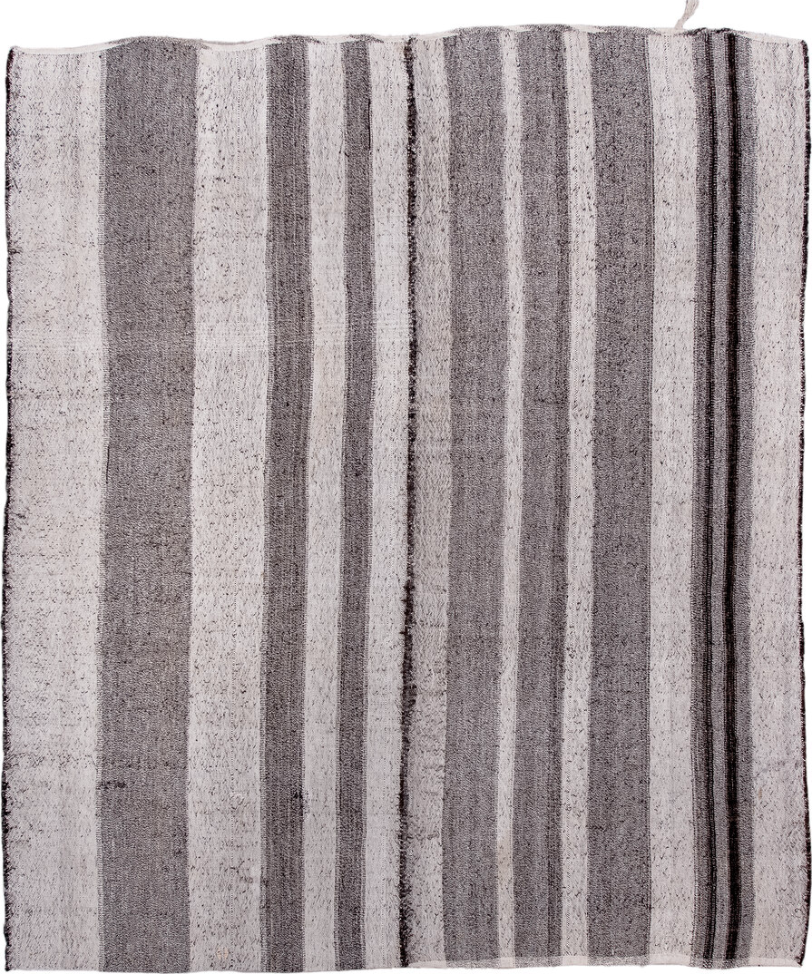 7' x 8' one-of-a-kind handmade vintage Kilim rug. Color palette: black, brown, dark gray, gainsboro, gray, light gray