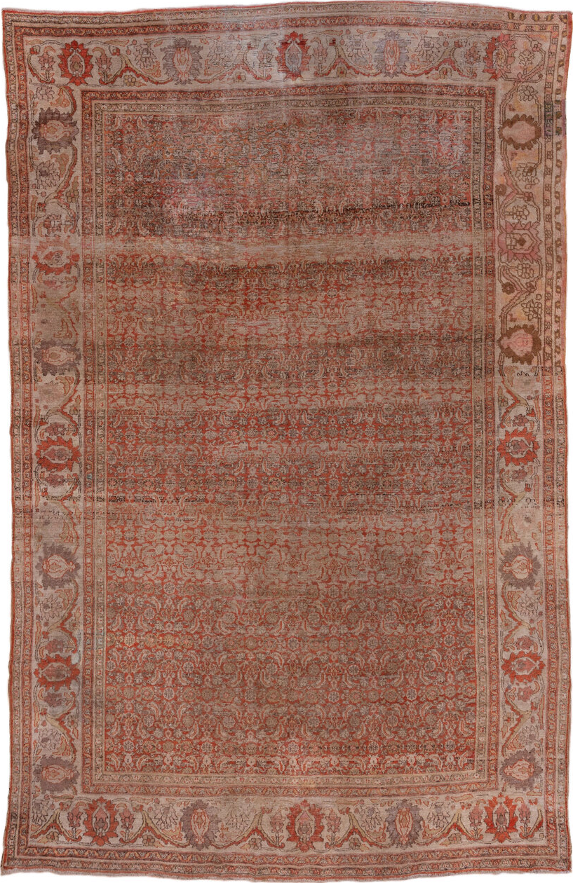 8' x 13' one-of-a-kind handmade vintage Khorassan large size rug. Color palette: brown, gray, linen, off-white, pink