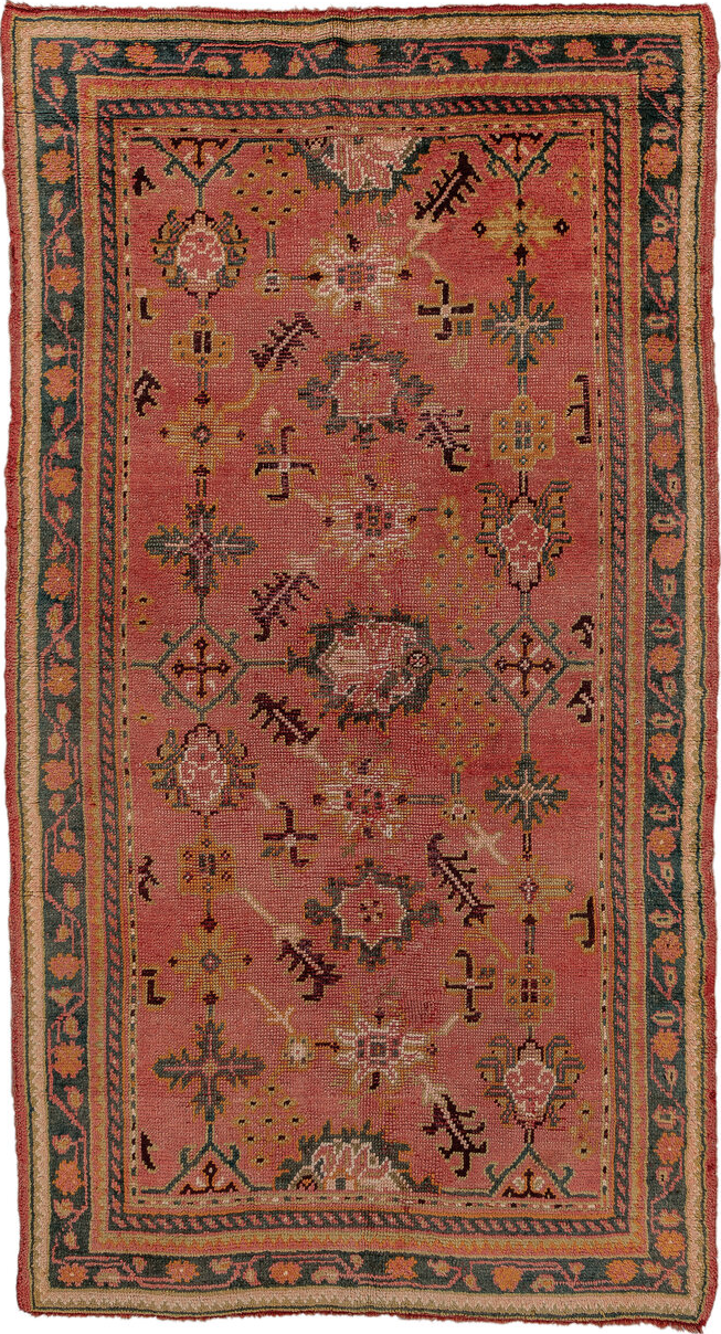 4' x 8' one-of-a-kind handmade vintage Oushak rug. Color palette: brown, burlywood, gray, off-white, orange, peru, pink, red