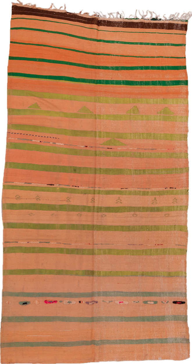 5' x 10' one-of-a-kind handmade vintage Blanket medium size rug. Color palette: brown, gray, light gray, off-white, orange