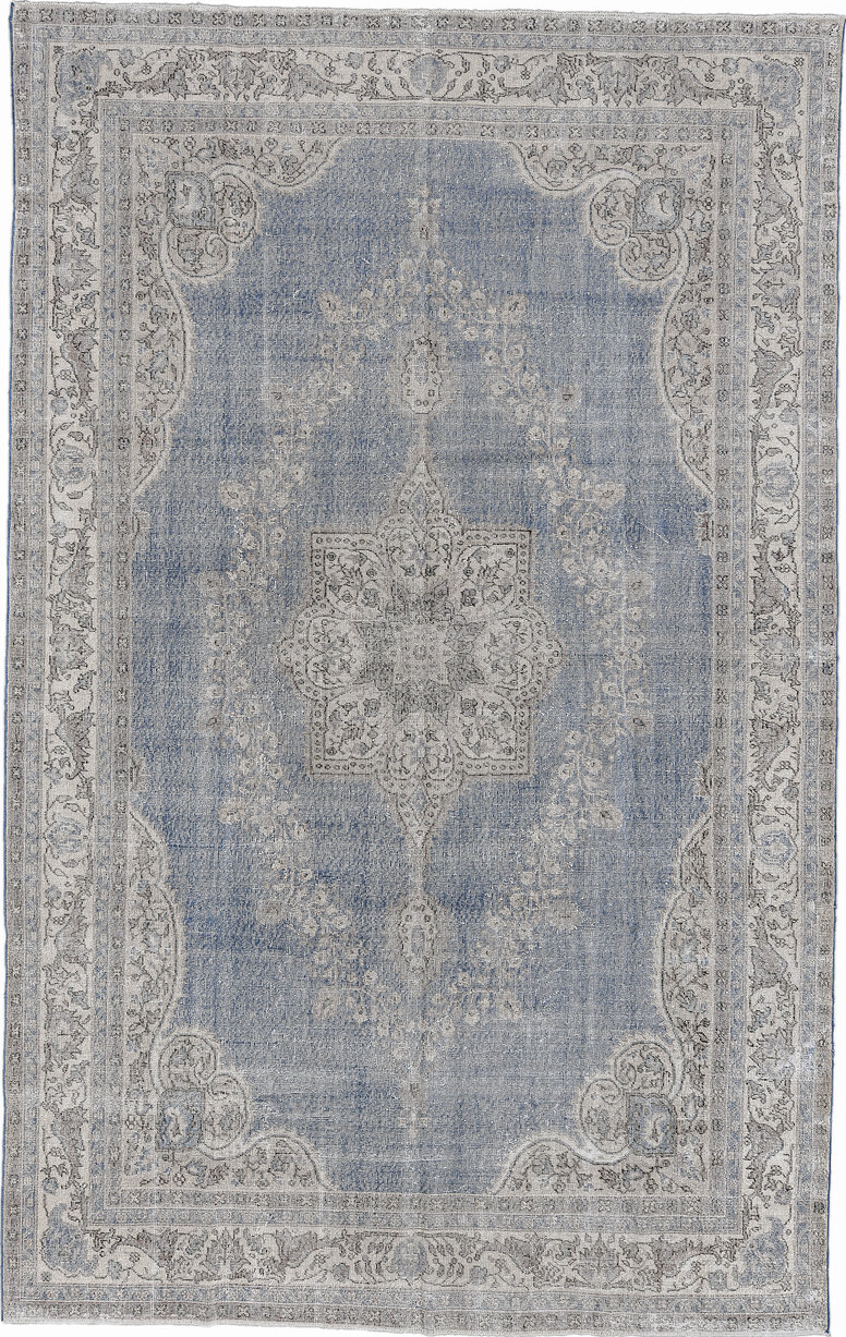 7' x 12' one-of-a-kind handmade vintage Sparta large size rug. Color palette: black, blue, charcoal, dark gray, dim gray