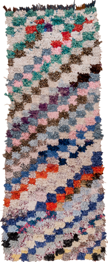 2' x 6' one-of-a-kind handmade vintage Rag Rug runner rug. Color palette: blue, brown, fiord, gray, green, light gray