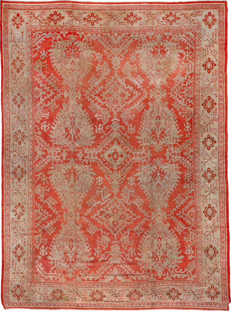 13' x 18' one-of-a-kind handmade vintage Oushak oversize rug. Color palette: brown, gray, light gray, off-white, pink, red