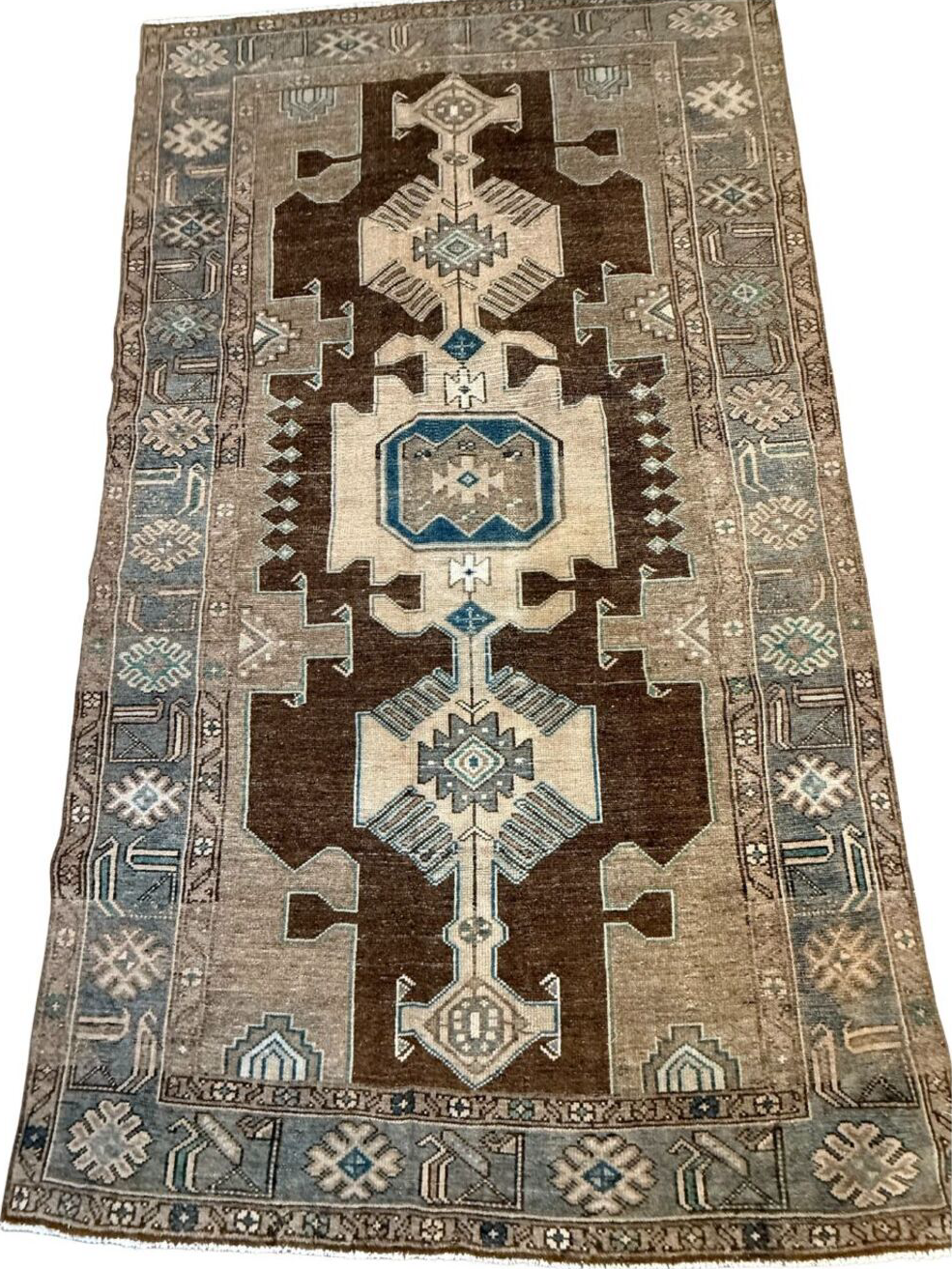 3' x 6' one-of-a-kind handmade vintage Hamadan small size rug. Color palette: off-white, blue, gray, brown, black