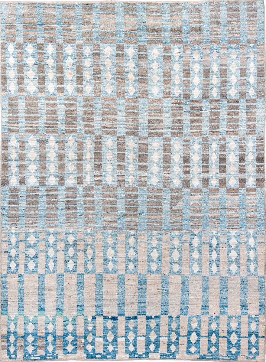 10' x 13' one-of-a-kind handmade vintage Tulu large size rug. Color palette: arapawa, black, blue, dark gray, dim gray