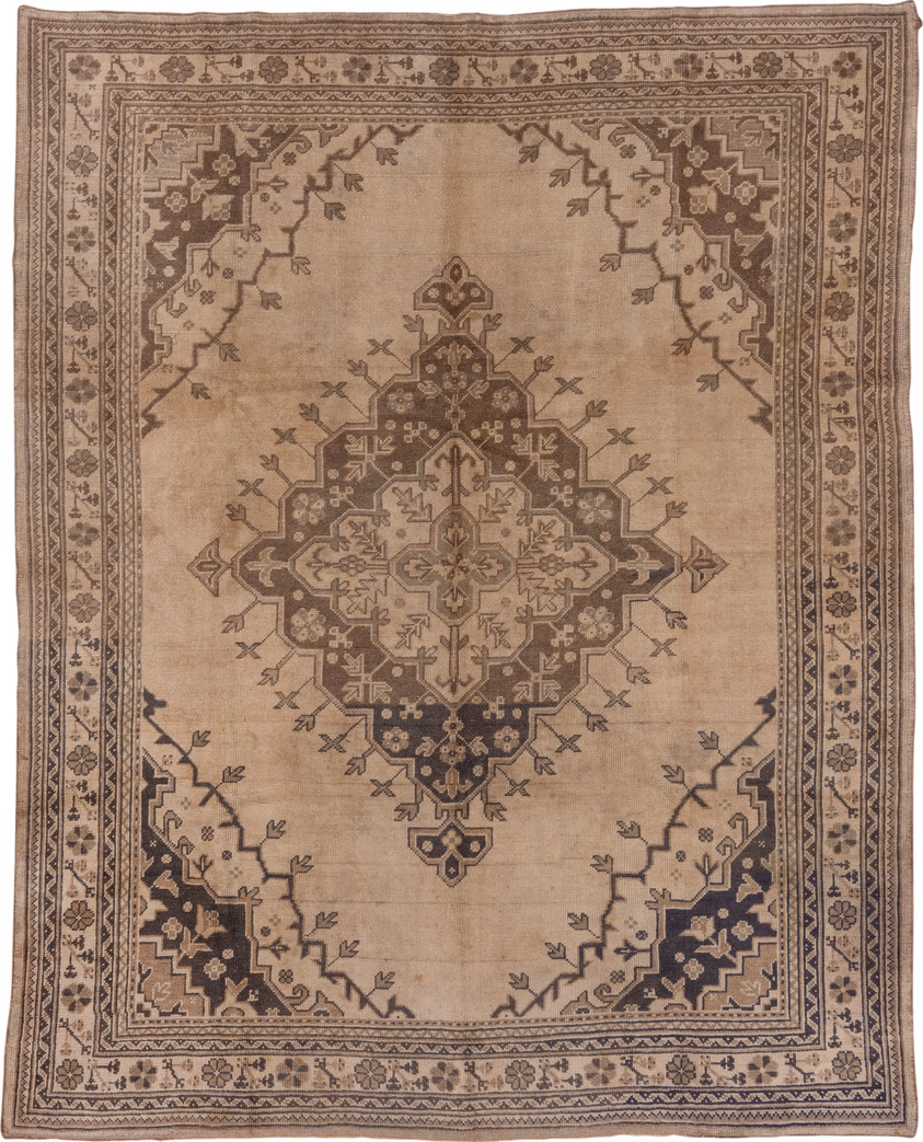 7' x 9' one-of-a-kind handmade vintage Oushak rug. Color palette: black, brown, gray, light gray, off-white, pink, snow, tan