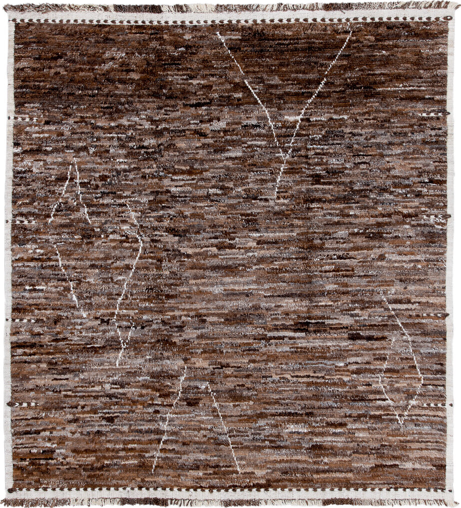 8' x 8' one-of-a-kind handmade vintage Tulu rug. Color palette: black, brown, dark gray, gainsboro, gray, light gray