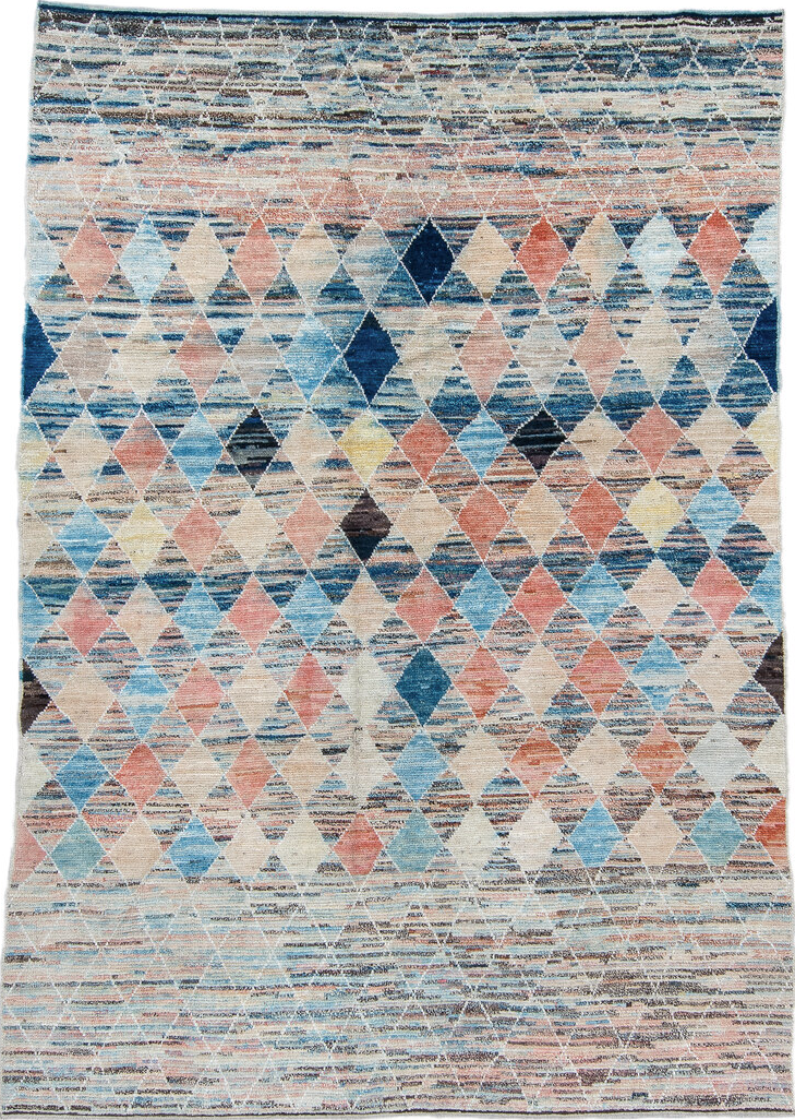 8' x 9' one-of-a-kind handmade vintage Tulu rug. Color palette: black, blue, charcoal, dim gray, gainsboro, gray, light blue