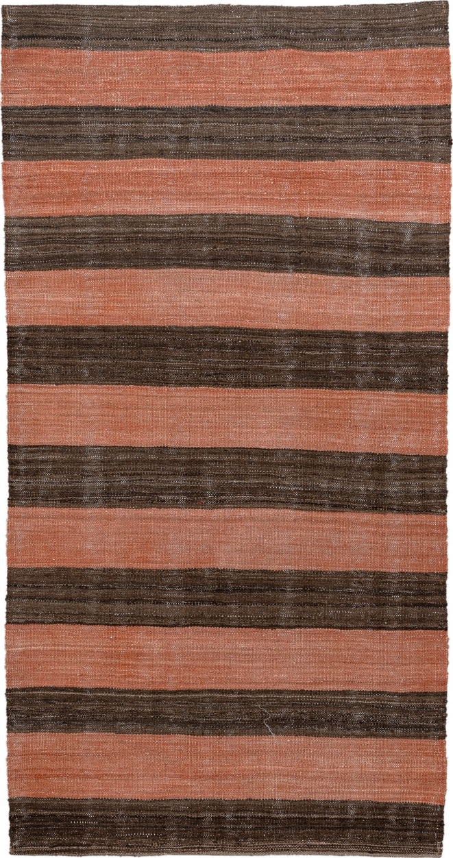 3' x 6' one-of-a-kind handmade vintage Kilim small size rug. Color palette: brown, pink, gray, black