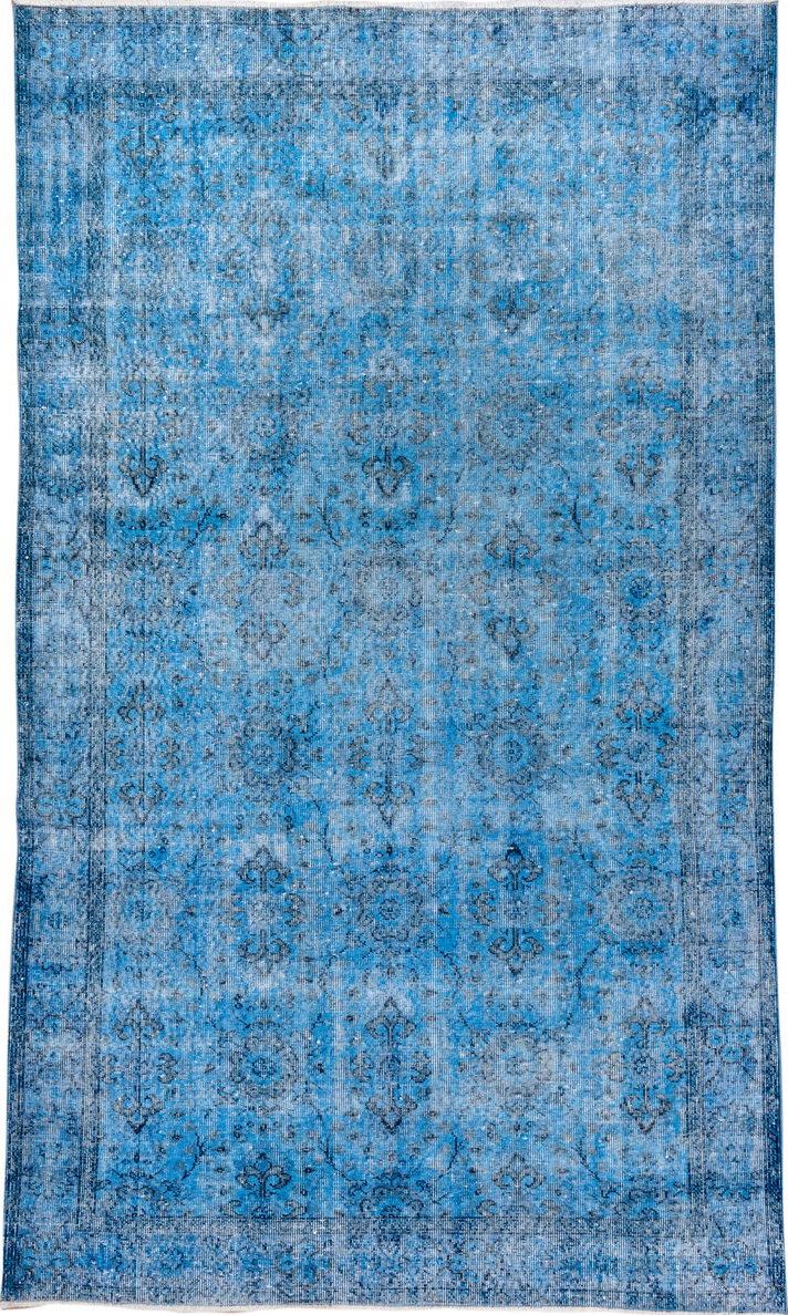 5' x 9' one-of-a-kind handmade vintage Overdyed medium size rug. Color palette: arapawa, blue, gray, light blue, light gray