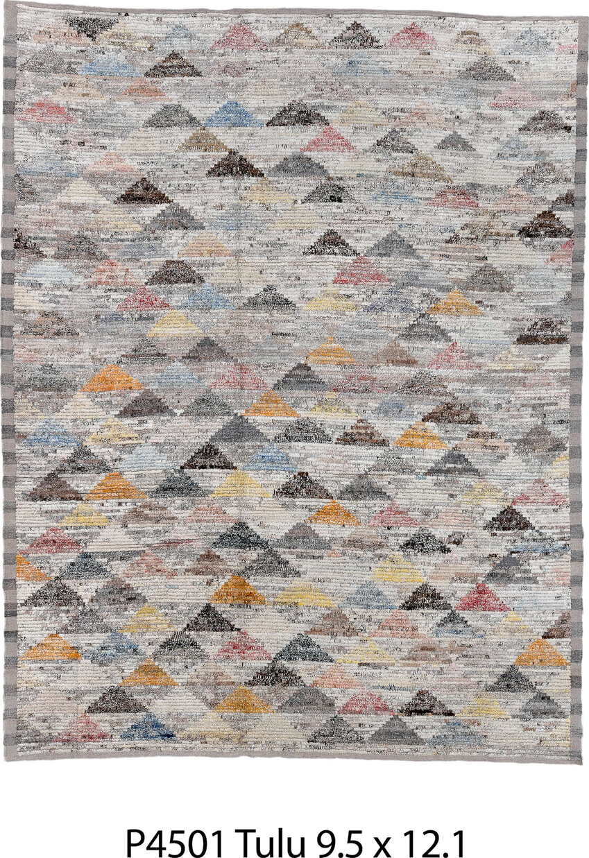 9' x 12' one-of-a-kind handmade vintage Tulu large size rug. Color palette: black, blue, brown, charcoal, dark gray