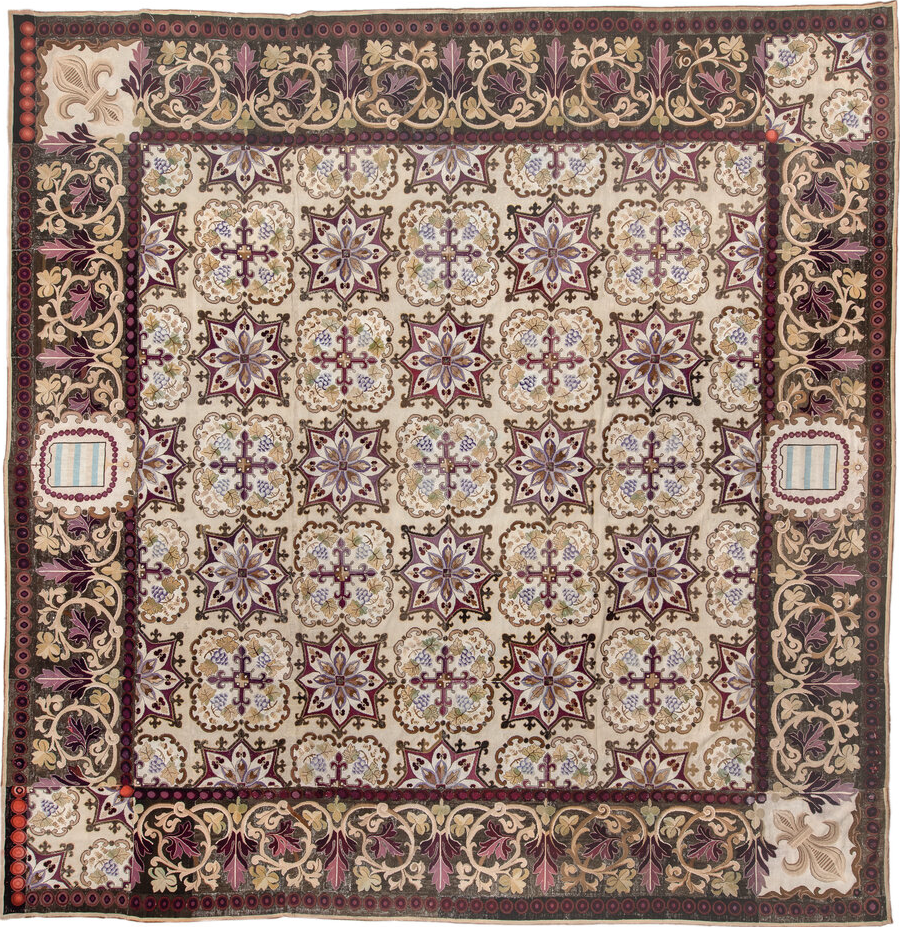 14' x 15' one-of-a-kind handmade vintage Needlepoint oversize rug. Color palette: brown, gray, light gray, off-white, pink