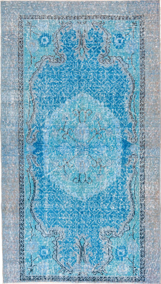 3' x 6' one-of-a-kind handmade vintage Overdyed small size rug. Color palette: arapawa, blue, dim gray, gray, light blue