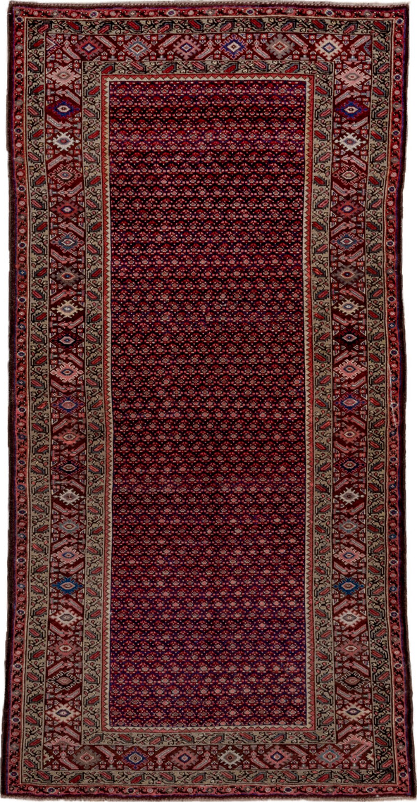 4' x 8' one-of-a-kind handmade vintage Malayer rug. Color palette: black, brown, gray, pink, red, rosy brown